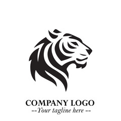 Powerful Head of Tiger Logo Symbol in Black on White Background with Bold Modern Minimalist Design