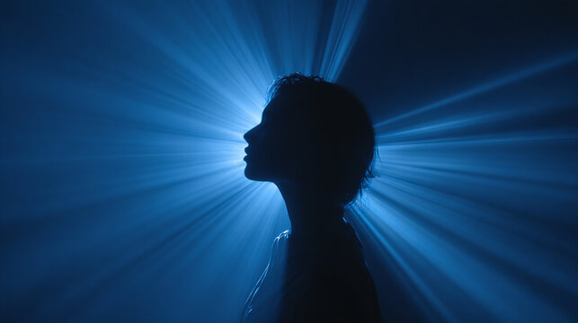 A silhouette of a person emanating a blue light in thought. The person is deep in thought and the rays are shining around the figure