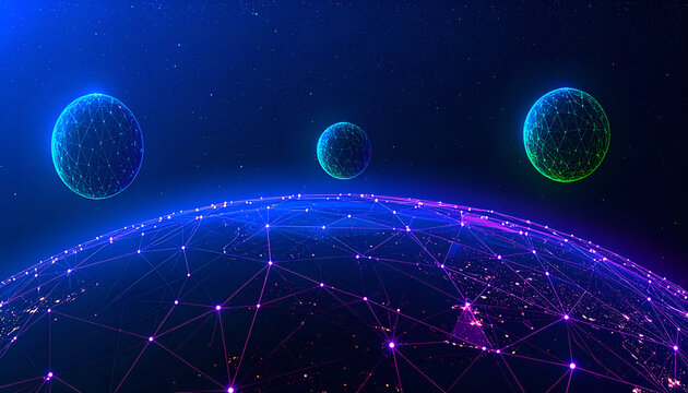Futuristic vision of a globally connected planet with glowing digital spheres floating in space.
