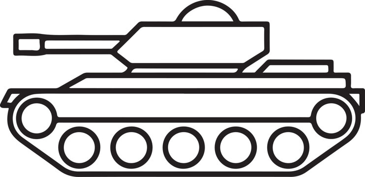 Simple outline drawing of a military tank with tracks and cannon