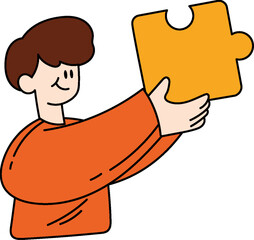 Smiling man holds golden puzzle piece solution