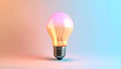 Fototapeta premium Illuminated light bulb with a pink glow against a gradient background of orange and blue.