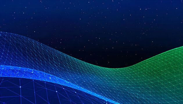 Abstract digital landscape with a glowing blue and green wireframe grid under a starry night sky.