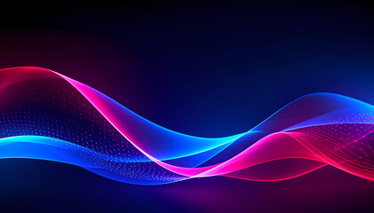 Abstract wave pattern with blue and pink light trails on a dark background.