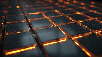 A close-up view of a structured surface lit with orange illumination. A stunning display of technology and modernity. 
