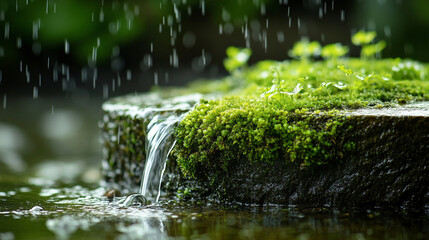 A moss covered stone statue glows with a gentle sheen, revealing ancient texture and quiet presence. The scene symbolizes memory, resilience, and the enduring connection between time, nature, and huma