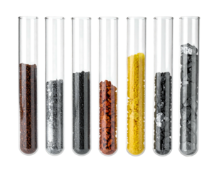 Row of test tubes filled with various granular materials in brown, silver, black, copper, gold, and gray hues