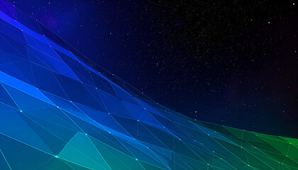 Abstract digital landscape with blue and green geometric mesh against a dark starry background.