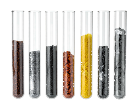 Row of test tubes filled with various granular materials in brown, silver, black, copper, gold, and gray hues