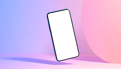 A modern smartphone with a blank white screen floats against a gradient background of pink and purple.