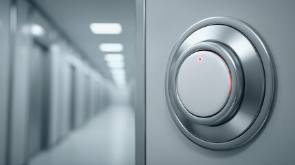 Elevator button with red indicator in modern hallway, stainless steel wall, clean and minimalistic design, technology concept