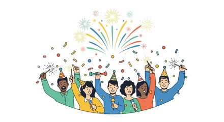 Fototapeta premium Diverse Group Celebration with Confetti and Fireworks, Ideal for Illustrating Festive Events and Company Success Announcements