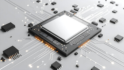 A close-up of a powerful computer microprocessor chip on a circuit board with intricate connections and components.