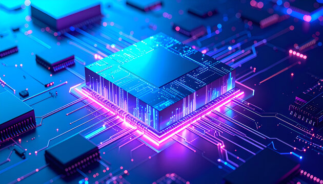 A glowing blue and purple computer processor chip on a futuristic circuit board.