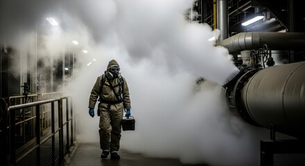 Fototapeta premium Industrial worker in protective gear amidst steam at manufacturing facility