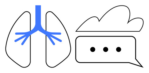Lungs with blue trachea connected to a speech bubble and cloud, depicting airflow, health, and communication. Ideal for health, breathing, respiratory medicine, messaging, speech education simple