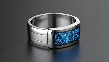 Close-up of a sleek silver smart ring featuring a glowing blue circuit board display on a dark reflective surface.