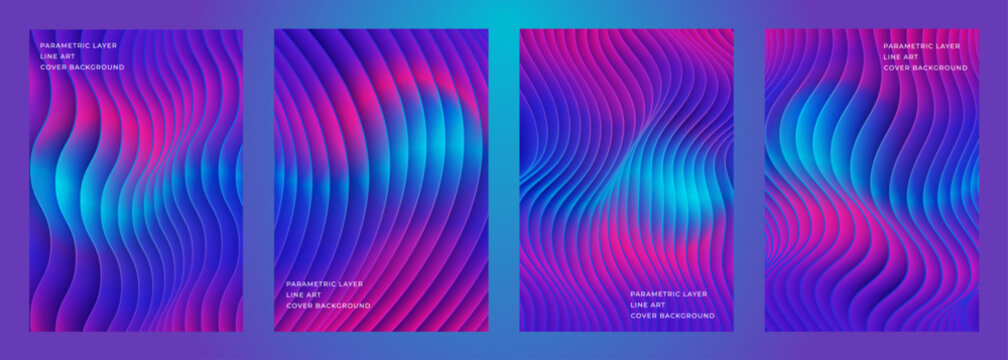 abstract parametric line art layer violet blue gradient cover poster background design set, for flyer, poster, magazine, etc.