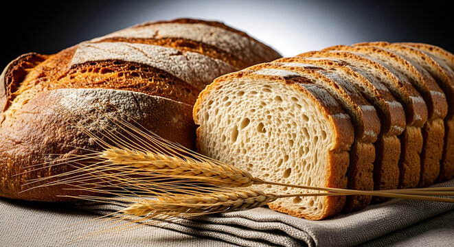 Freshly baked bread loaf and sliced bread with wheat stalks on a table