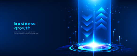 Business growth arrow on blue technology background. Modern futuristic with neon light effect for presentation vector illustration. banner design