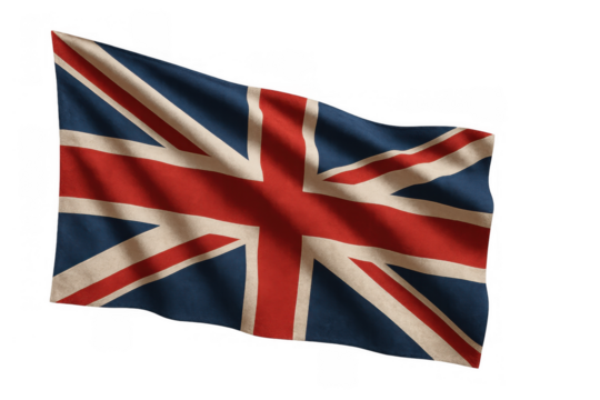 Union jack flag with vintage texture blowing, patriotic symbol of united kingdom, on transparent background