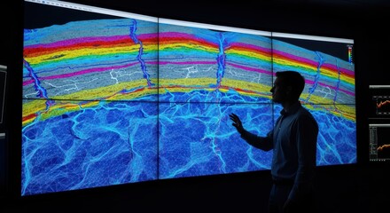 Fototapeta premium Male geologist analyzing geological data on large interactive screens in dark room