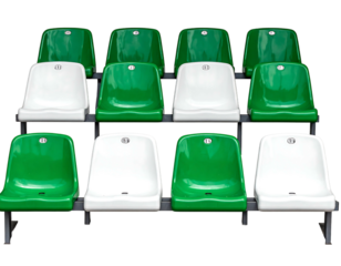 Rows of green and white stadium seats, neatly arranged, facing forward on a black background