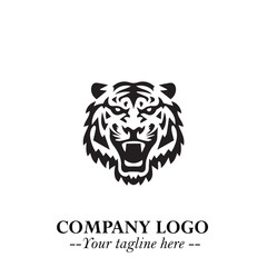 Powerful Head of Tiger Logo Symbol in Black on White Background with Bold Modern Minimalist Design