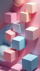 Obraz premium Pastel cubes and spheres mounted on a gradient wall in pink and blue tones, arranged in a staggered vertical pattern with soft lighting and embossed textures for a modern abstract look.