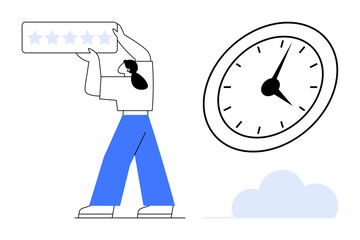 Woman holding five-star rating above head paired with large clock and cloud element. Ideal for time management, feedback, performance review, goal setting, success, productivity, simple flat metaphor