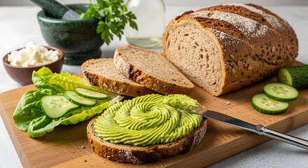 Avocado toast with fresh ingredients on a wooden board