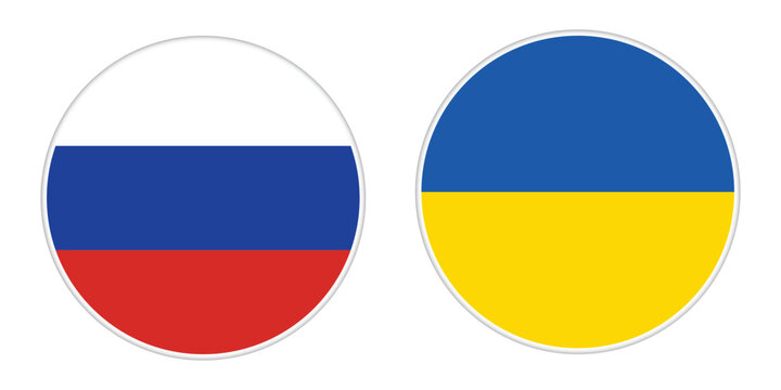 Round flag of Russia and Ukraine. Russian and Ukrainian flag in circle shape. Transparent PNG and vector