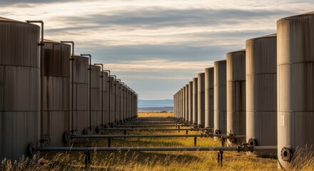 Industrial storage tanks in rural landscape with cloudy sky
