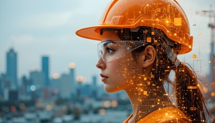 Woman in hard hat with city skyline and circuit board overlay, representing technology and construction