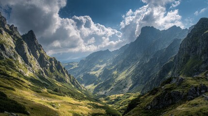 Fototapeta premium Majestic Mountain Landscape with Green Valleys and Dramatic Sky, Capturing the Beauty of Nature and Tranquility in a Scenic Outdoor Setting