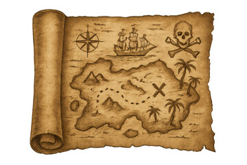Old pirate treasure map illustrating an island with a hidden x mark, ship, compass rose, skull and crossbones