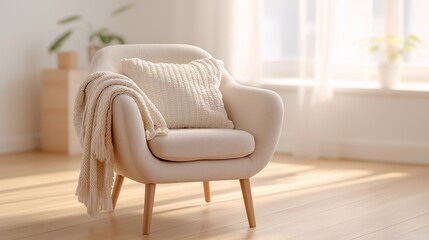 Fototapeta premium A soft beige armchair with a knitted pillow and wool blanket stands in sunlight near a window. The cozy composition highlights comfort, simplicity, and Scandinavian interior elegance