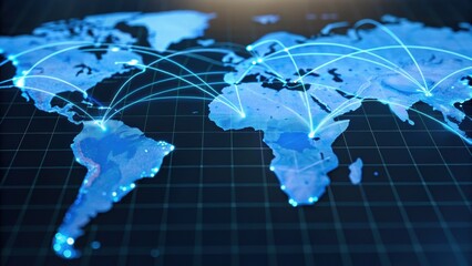 Digital world map with connecting lines, representing global communication and data exchange.