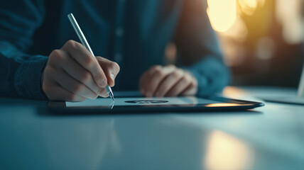 Closeup of professional hand using stylus pen on digital tablet screen for creative design and innovative technology work, showcasing modern digital creation and productivity.