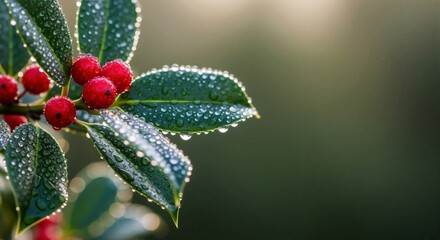 Macro: A branch of holly with bright red berries and glittering dewdrops on the leaves. Christmas background with space for text.