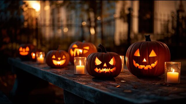 Calabazas de Halloween sonrientes con velas en la mesa de madera por la noche