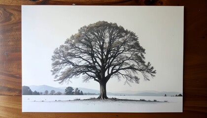 Pohon kesepian di musim dingin, lanskap salju putih dengan cabang-cabang telanjang di langit biru