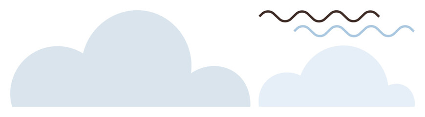 Flat design of two soft blue clouds beside wavy black and blue lines representing wind or water. Ideal for weather, nature, tranquility, simplicity, air, flow, and minimal abstract design metaphor
