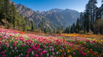 Vibrant Tulip Field Surrounded by Lush Green Forest and Majestic Mountains Under Clear Blue Sky in Spring Season
