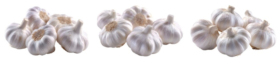 Set of fresh garlic bulbs, isolated on transparent background