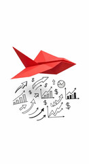 Red paper airplane business growth chart arrow dollar sign upward trend financial success creative idea innovation progress motivation
