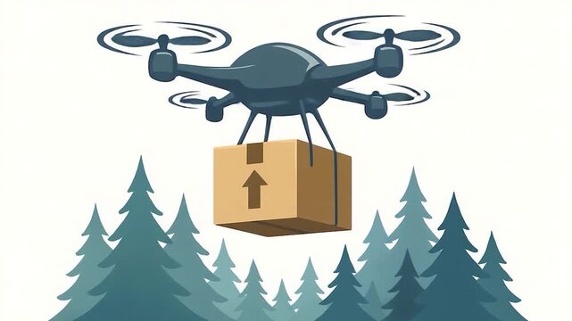 Drone delivering package over a forest of pine trees.
