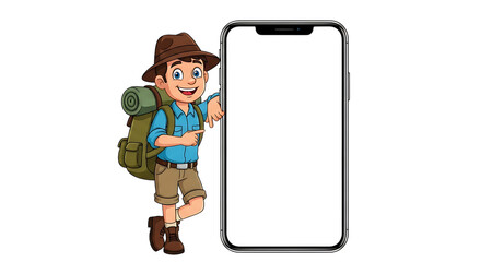 Happy cartoon hiker with backpack next to a smartphone isolated on transparent background