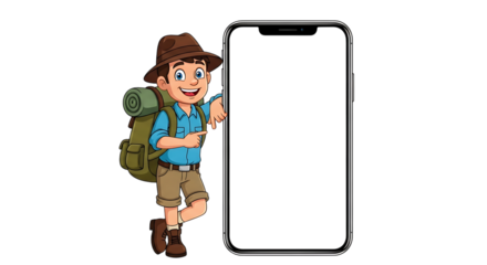 Happy cartoon hiker with backpack next to a smartphone isolated on transparent background