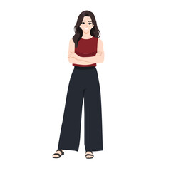 Fototapeta premium Confident Young Business Woman Standing with Arms Crossed. Flat Vector character illustration